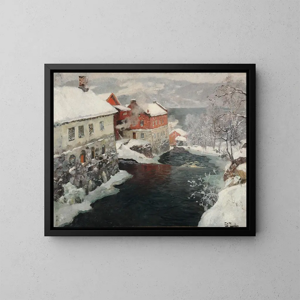 Fabriques en Noorwegen, de twee molens aan de rivier Mesma - Frits Thaulow — ingelijst kunstwerk aan de muur