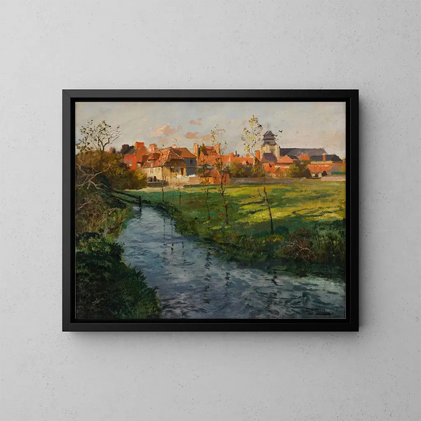 van het dorpje aan de rand van een beek - Frits Thaulow — ingelijst kunstwerk aan de muur