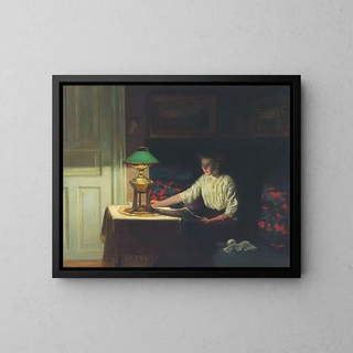 Fritz Kraul - Interir med kvinde der lser avis i lampeskr 1914.webp