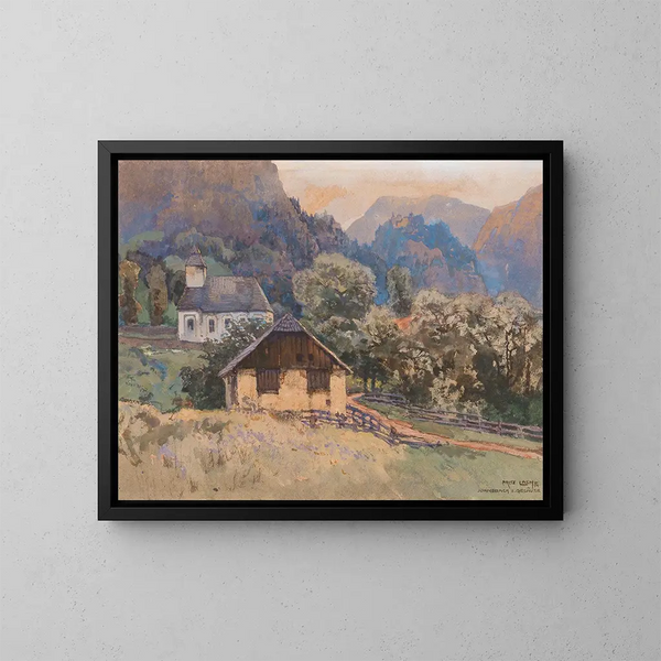 Een kleine kerk en een schuilplaats in de bergen van Gesäuse in Johnsbach - Fritz Lach — ingelijst kunstwerk aan de muur