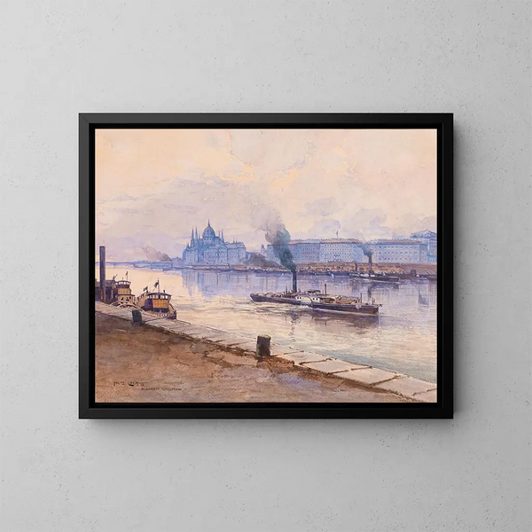 van een stoomboot op de Donau met het parlementsgebouw van Boedapest op de achtergrond - Fritz Lach — ingelijst kunstwerk aan de muur