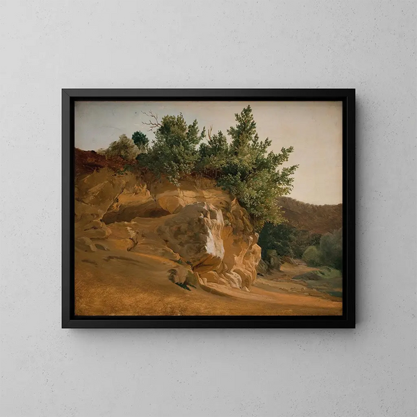 Landschap van Italiaanse bergen met een overwoekerde rots, waarschijnlijk nabij Olevano - Fritz Petzholdt — ingelijst kunstwerk aan de muur