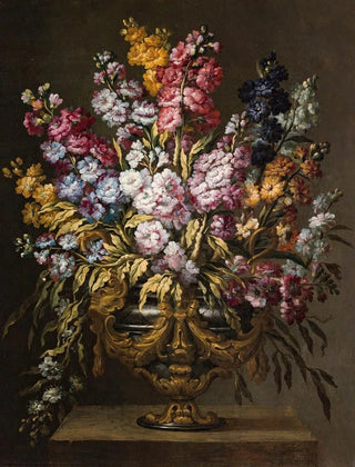 Gabriel de la Corte - A Pair Of Still Lifes Of Flowers In Elaborate Gilt Urns Each On A Stone Pedestal.webp