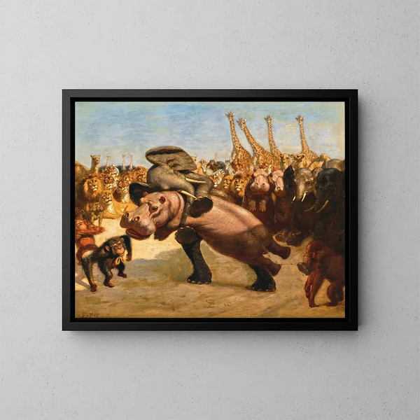 van de apen als scheidsrechters in de strijd tussen een olifant en een nijlpaard - Gabriel von Max — ingelijst kunstwerk aan de muur