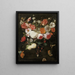 a Still life with roses, tulips, and other flowers in a vase with blackberries and a moth - Gaspar Peeter Verbruggen the Elder — framed artwork on a wall