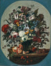 Tulips, scillas, hydrangeas, peonies, and other flowers in a vase surrounded by pomegranates and other fruits on a stone ledge - Gaspar Peeter Verbruggen the Elder — artwork view