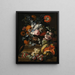 Nature morte with hollyhock, carnations, and various flowers in a vase on a pedestal with a melon, cherries, grapes, and plums on a ledge - Gaspar Peeter Verbruggen the Younger — framed artwork on a wall
