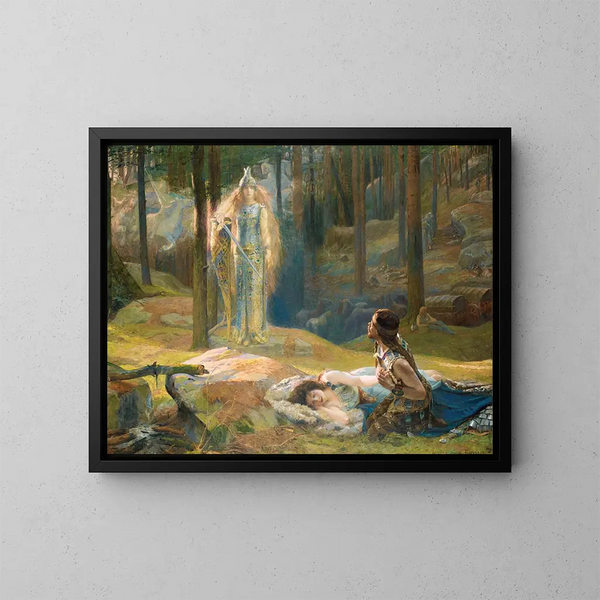 De openbaring van Brünnhilde die Sieglinde en Siegmund ontdekt - Gaston Bussière — ingelijst kunstwerk aan de muur
