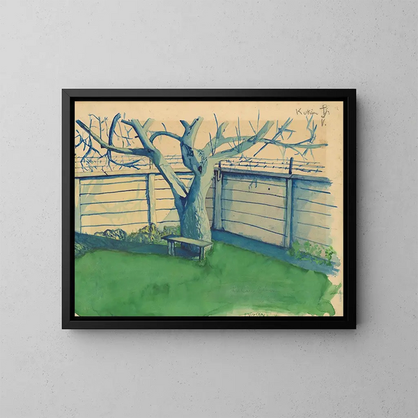 van bomen bij de omheining - Gejza Kukán — ingelijst kunstwerk aan de muur