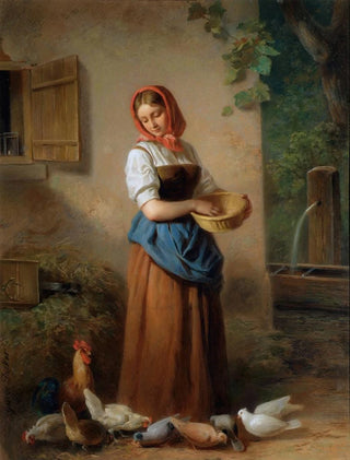 Georg Decker - Ein Mdchen Hhner und Tauben ftternd.webp