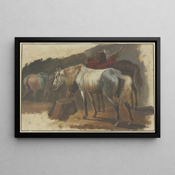 Georg Philipp Rugendas the Elder - Ein Schimmel und ein bepackter Brauner an einem Korb stehend im Hintergrund ein drittes Pferd mit blauer Decke.webp
