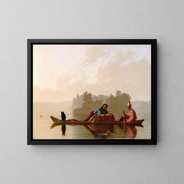 De handelaren in bont die de Missouri afdalend - George Caleb Bingham — ingelijst kunstwerk aan de muur