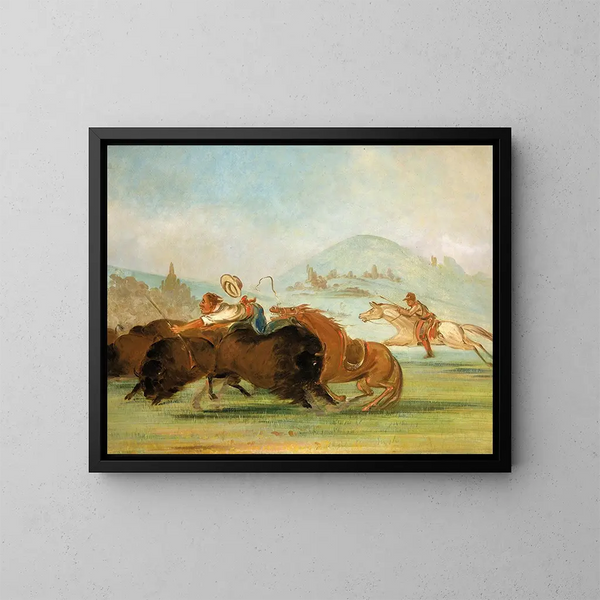 Baptiste en ik rennend de muil van de bizon van Yellowstone - George Catlin — ingelijst kunstwerk aan de muur