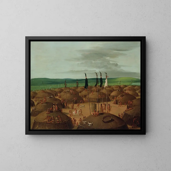 Luchtfoto van het Mandan-dorp 1800 mijl boven Saint-Louis - George Catlin — ingelijst kunstwerk aan de muur