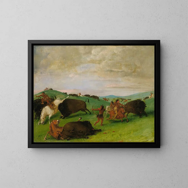 La chasse au buffle: les taureaux en lutte avec les hommes et les chevaux - George Catlin — ingelijst kunstwerk aan de muur
