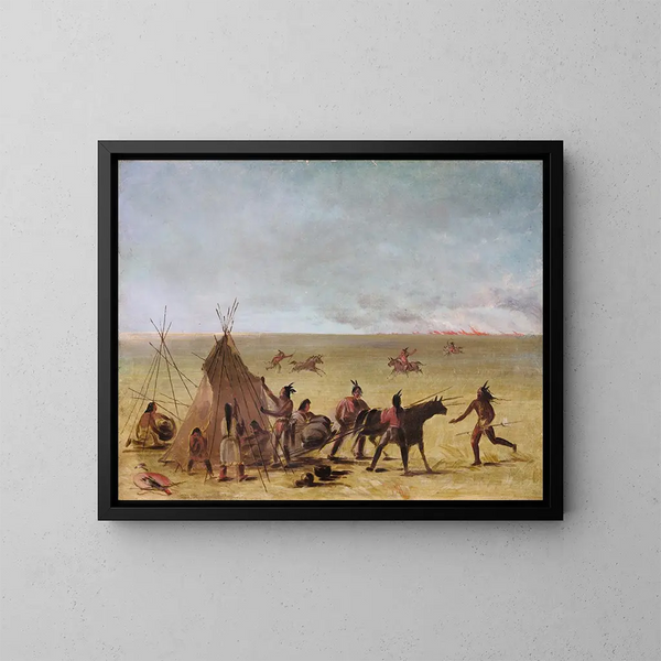 Indianenfamilie geschokt door de naderende prairiebrand - George Catlin — ingelijst kunstwerk aan de muur