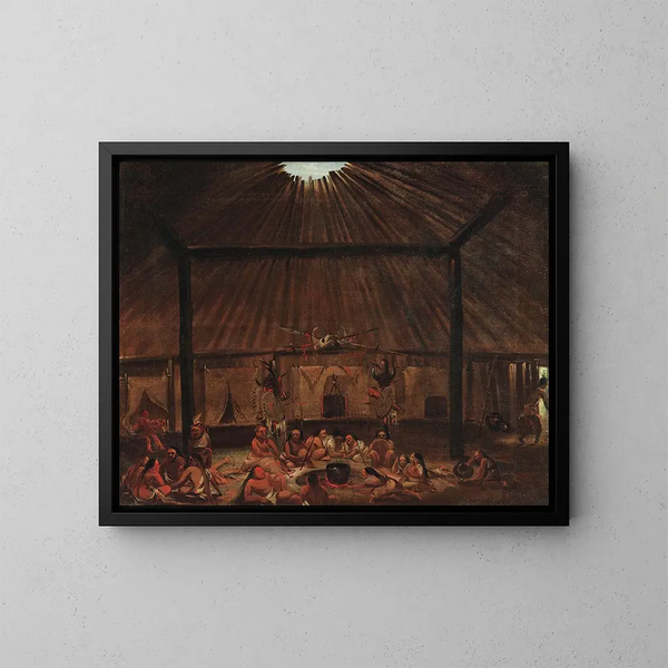 Binnenkant van een mandan-paviljoen - George Catlin — ingelijst kunstwerk aan de muur