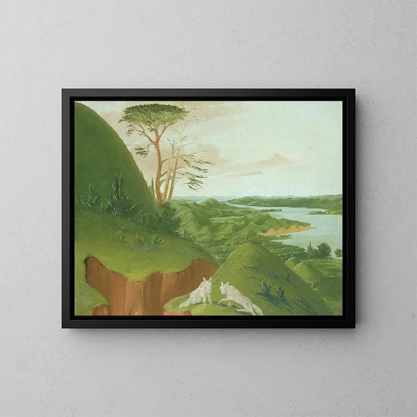 van een rivierkliffen met witte wolven op de voorgrond, Haut-Missouri - George Catlin — ingelijst kunstwerk aan de muur