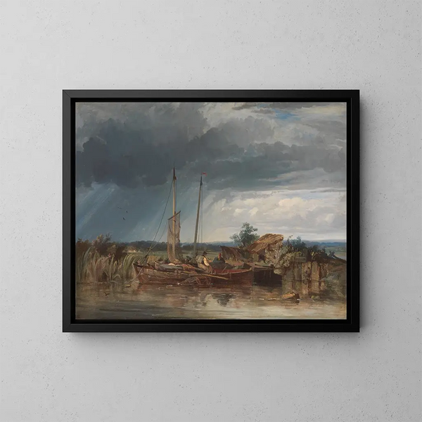 Twee vissersboten aan de oevers van de binnenwateren - George Chambers — ingelijst kunstwerk aan de muur