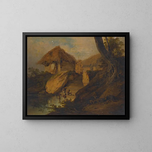 Figuren die uit een rivier stappen met rieten hutten op de achtergrond, Bengalen, India - George Chinnery — ingelijst kunstwerk aan de muur