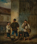 Drie mannen die soep drinken rond een kampvuur - George Chinnery — weergave van het kunstwerk