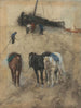 Horses on the beach, in the background a barge and fishermen - George Hendrik Breitner — artwork view