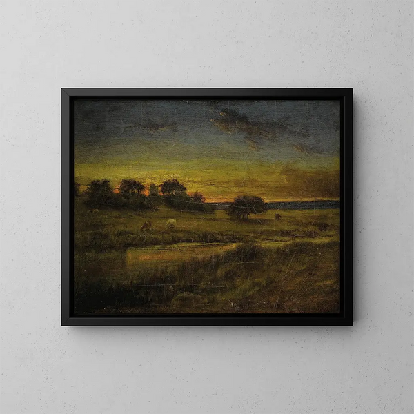 weide bij dageraad - George Inness — ingelijst kunstwerk aan de muur