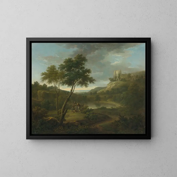 Caprice met een klassieke sarcofaag en mogelijk het kasteel van Beeston, Cheshire - George Lambert — ingelijst kunstwerk aan de muur