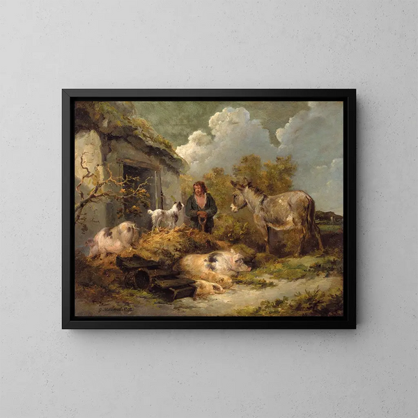 van een boerjongen met een ezel, varkens en een herdershond - George Morland — ingelijst kunstwerk aan de muur