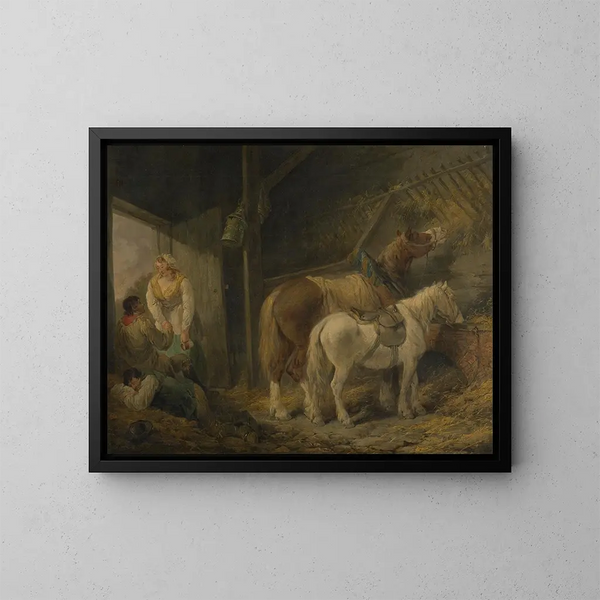 Een stallen van dragers - George Morland — ingelijst kunstwerk aan de muur