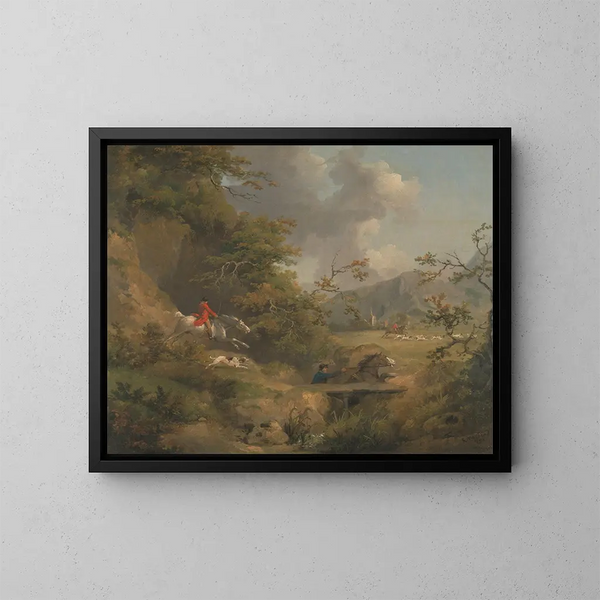 Jacht in heuvelachtig landschap - George Morland — ingelijst kunstwerk aan de muur