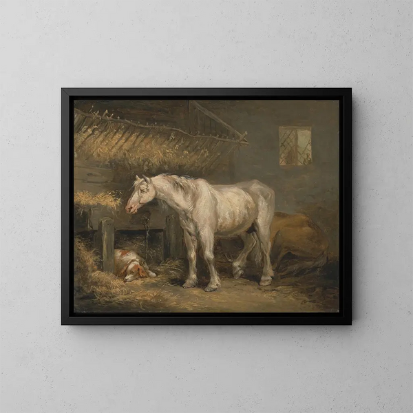 Oud paarden met een hond in een stallen - George Morland — ingelijst kunstwerk aan de muur