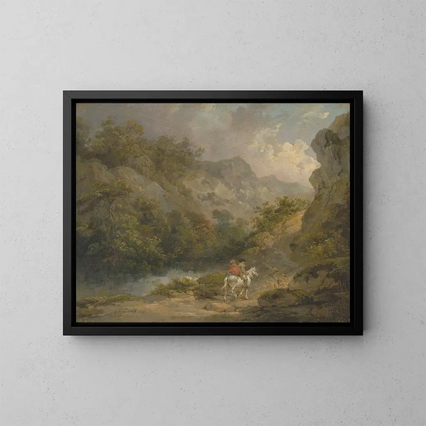 Landschap met rotsen met twee mannen op een paard - George Morland — ingelijst kunstwerk aan de muur