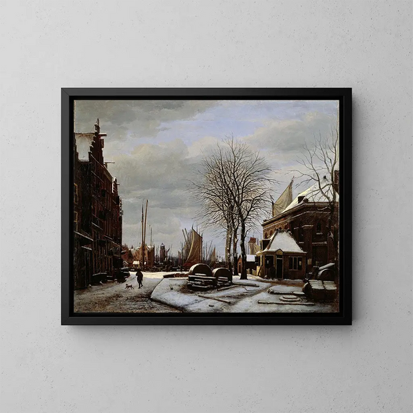Markt van de molens in Amsterdam met het gebouw Het Zeerecht in de winter - George Pieter Westenberg — ingelijst kunstwerk aan de muur