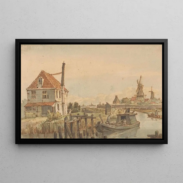 George Pieter Westenberg - Vaart met een boot een huis en twee molens.webp