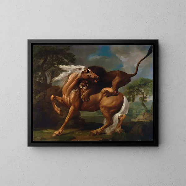 Een leeuw die een paard aanvallt - George Stubbs — ingelijst kunstwerk aan de muur