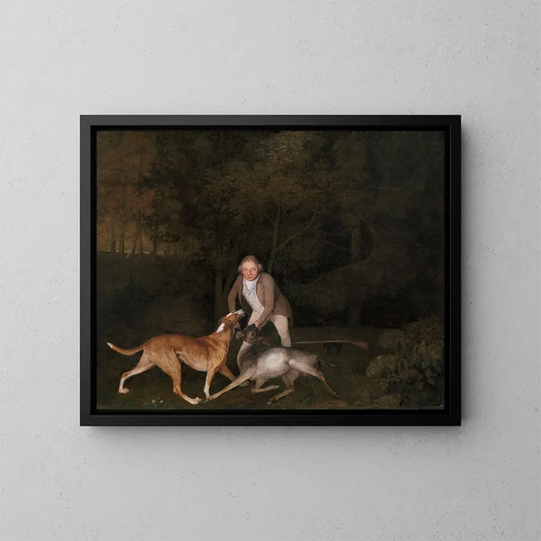 De jachtopziener van de Earl of Clarendon met een stervende hinde en een hond - George Stubbs — ingelijst kunstwerk aan de muur