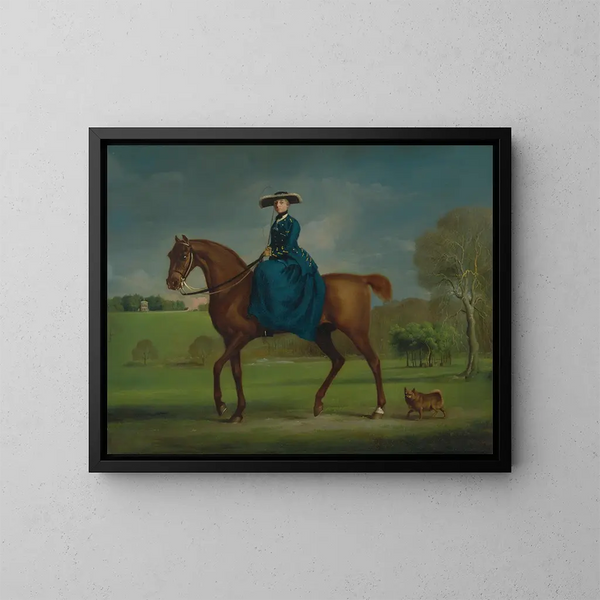 La comtesse de Coningsby en costume de la chasse de Charlton - George Stubbs — ingelijst kunstwerk aan de muur