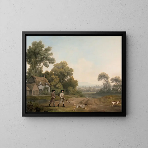 van Twee edellieden die gaan jagen met uitzicht op de Creswell Crags vastgelegd - George Stubbs — ingelijst kunstwerk aan de muur