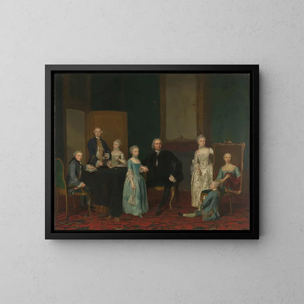 portret van Pieter Cornelis Hasselaer, adviseur van de Nederlandse Oost-Indische Compagnie en burgemeester van Amsterdam met zijn familie - George van der Mijn — ingelijst kunstwerk aan de muur