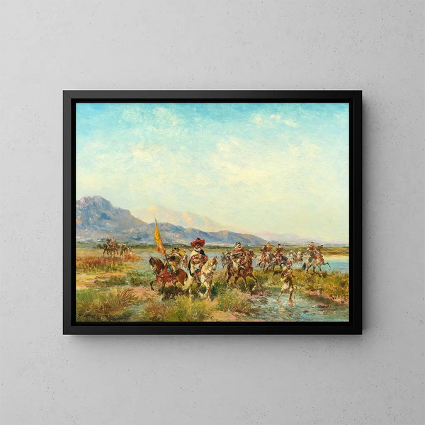 Ruiters die een rivier oversteken - Georges Washington — ingelijst kunstwerk aan de muur