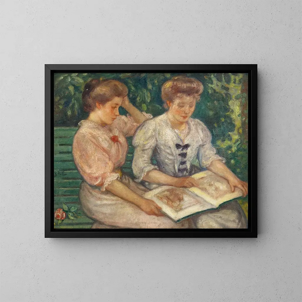 Blanche Viau en Alice Viau, twee jonge meisjes die lezen op een bank - Georges d'Espagnat — ingelijst kunstwerk aan de muur