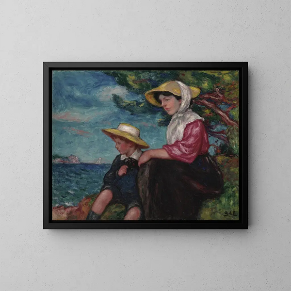 van een vrouw en een jonge jongen zittend aan de rand van de zee - Georges d'Espagnat — ingelijst kunstwerk aan de muur