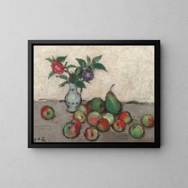 Natuurschilderij met bloemen in een blauw-wit vaas, appels en peren op een tafel - Georges d'Espagnat — ingelijst kunstwerk aan de muur