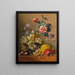 Nature morte with a bouquet of camellias, cornflowers, and grapes in a silver bowl with nuts, an orange, and red peppers, all on a marble ledge - Georgius Jacobus Johannes van Os — framed artwork on a wall