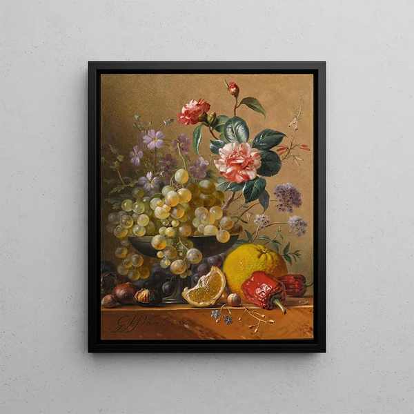 Georgius Jacobus Johannes van Os - Still life with a camelia spray cornflowers and grapes in a silver bowl with nuts an orange and red peppers all on a marble ledge.webp