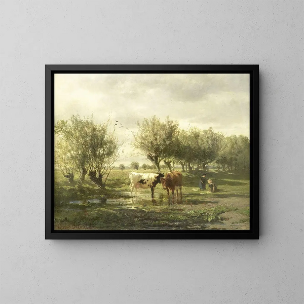 Koeien aan de rand van een vijver - Gerard Bilders — ingelijst kunstwerk aan de muur