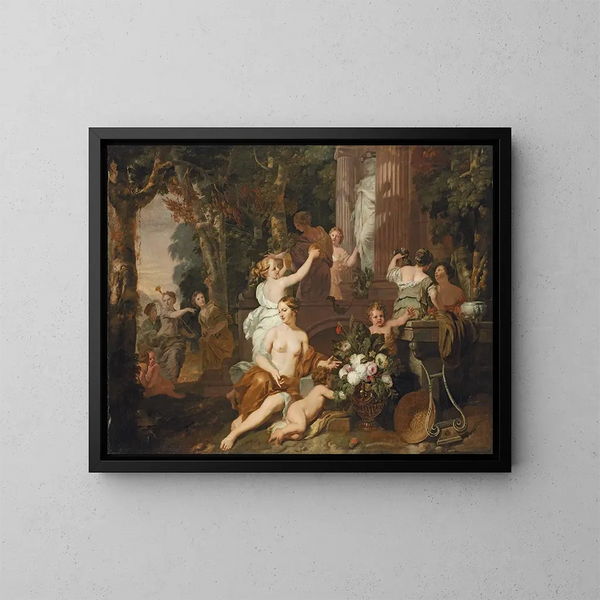 Nymphe en bacchantes die eer betonen aan de tempel van Flore - Gerard de Lairesse — ingelijst kunstwerk aan de muur