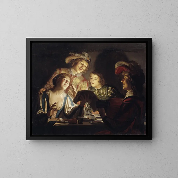 Muziekgroep bij kaarslicht - Gerard van Honthorst — ingelijst kunstwerk aan de muur
