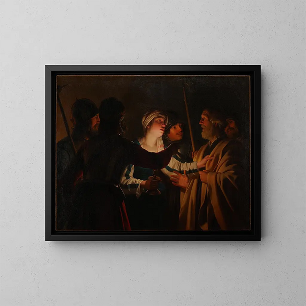 De verloochening van Sint-Pieter - Gerard van Honthorst — ingelijst kunstwerk aan de muur